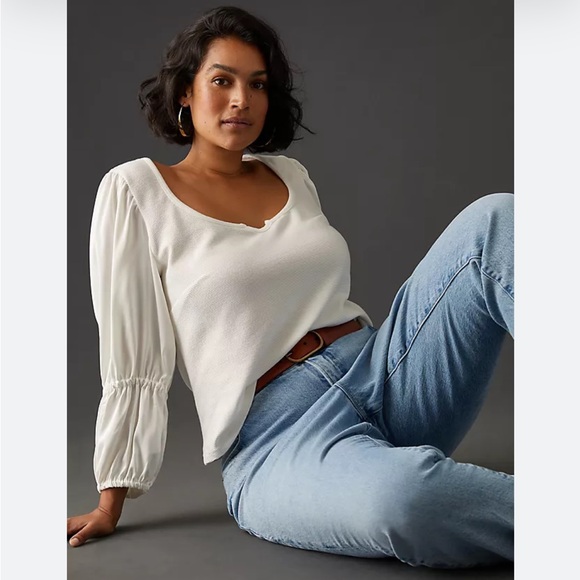 Anthropologie Tops - Anthropologie Maeve Ribbed Puff Statement Sleeve Top White Medium Boho Romantic